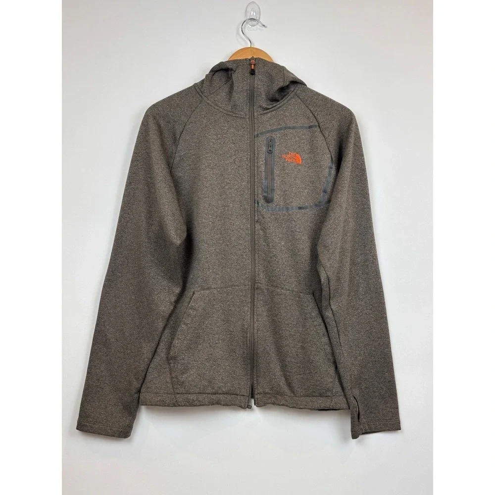 The North Face Mens Full Zip Hoodie Brown Heather Fleece Jacket Thumbholes M